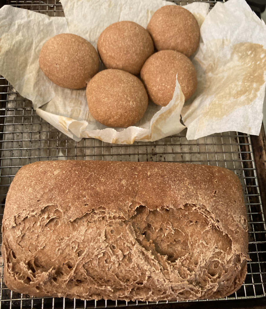 Baked whole wheat bread and rolls.