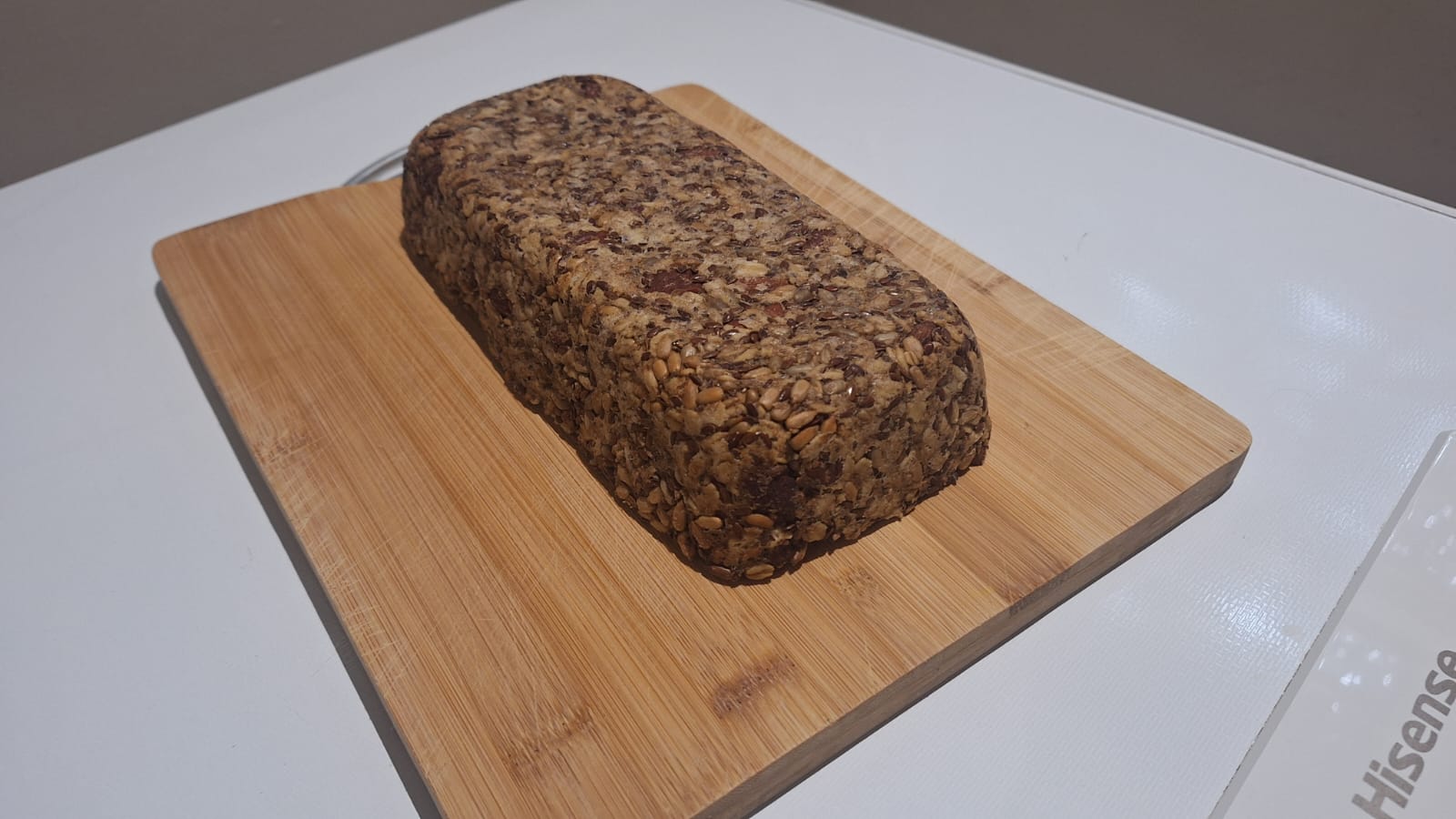Baked loaf at an angle showing clean lines