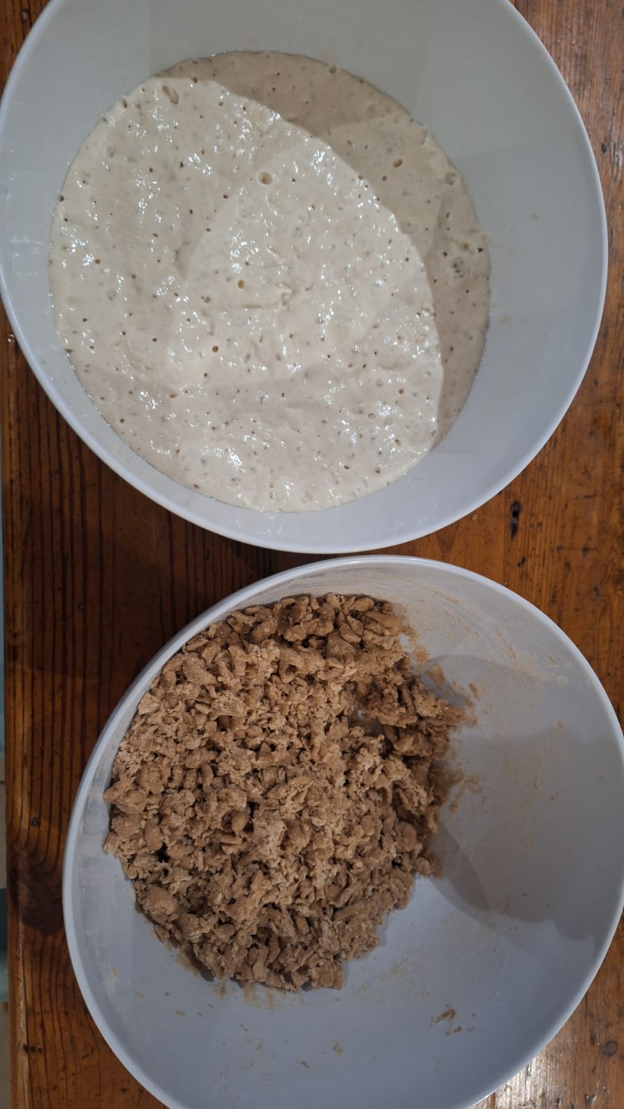 bowl of poolish at the top and biga at the bottom, after 10 hours overnight