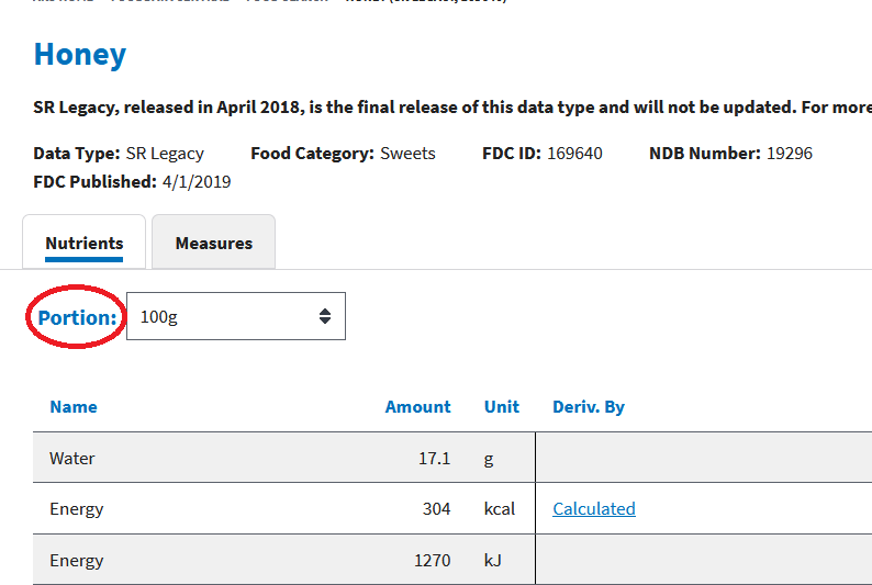 Screenshot of FoodData Central data for honey, showing where to select portion size.