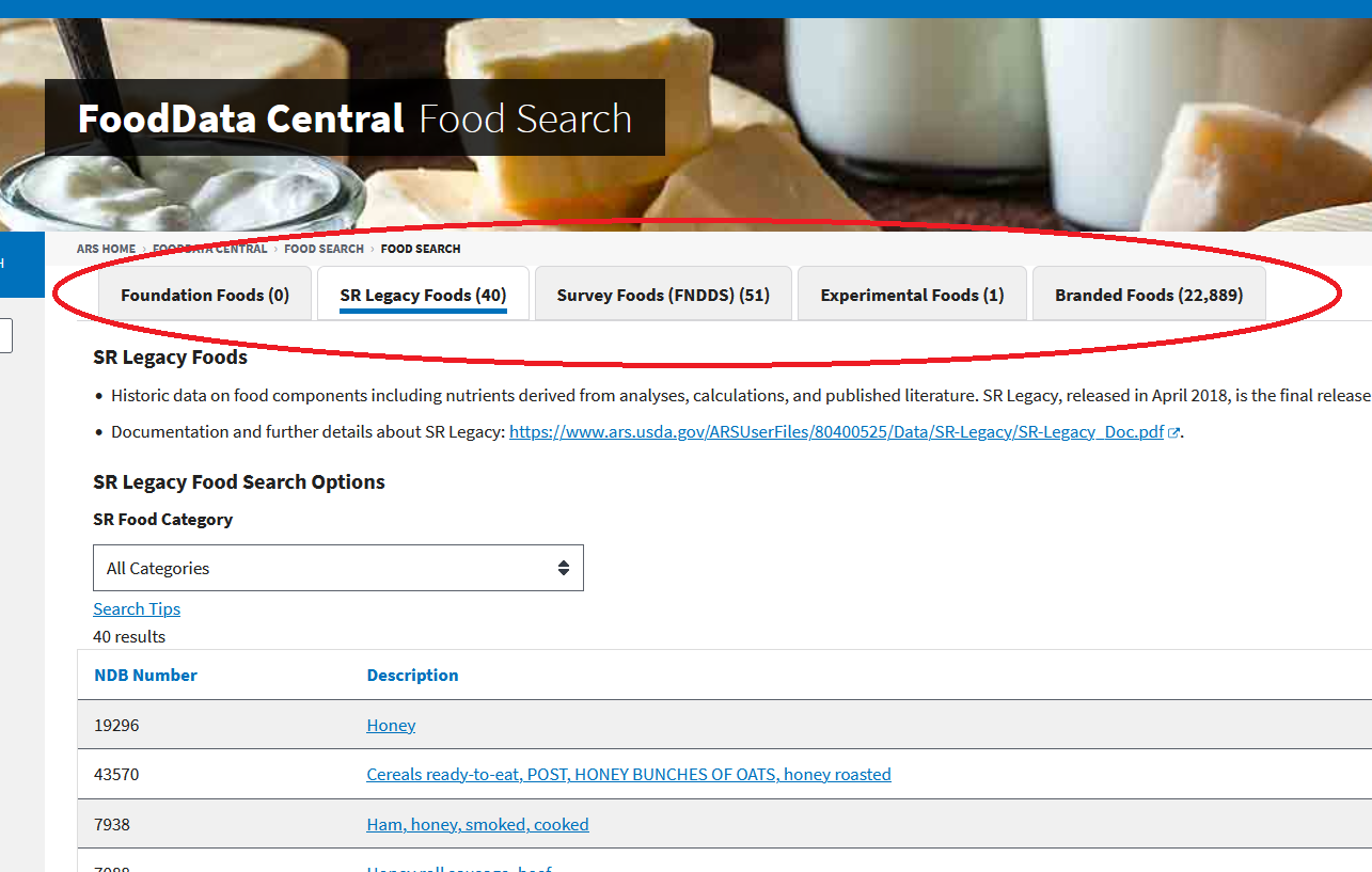 Screenshot of search results for honey from FoodData Central.
