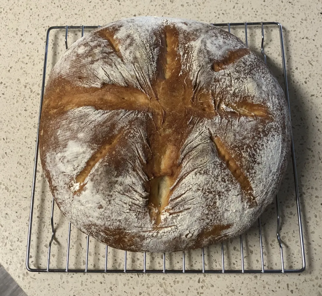 a round loaf of pain de campagne sitting on a rack to cool, scored in a cross