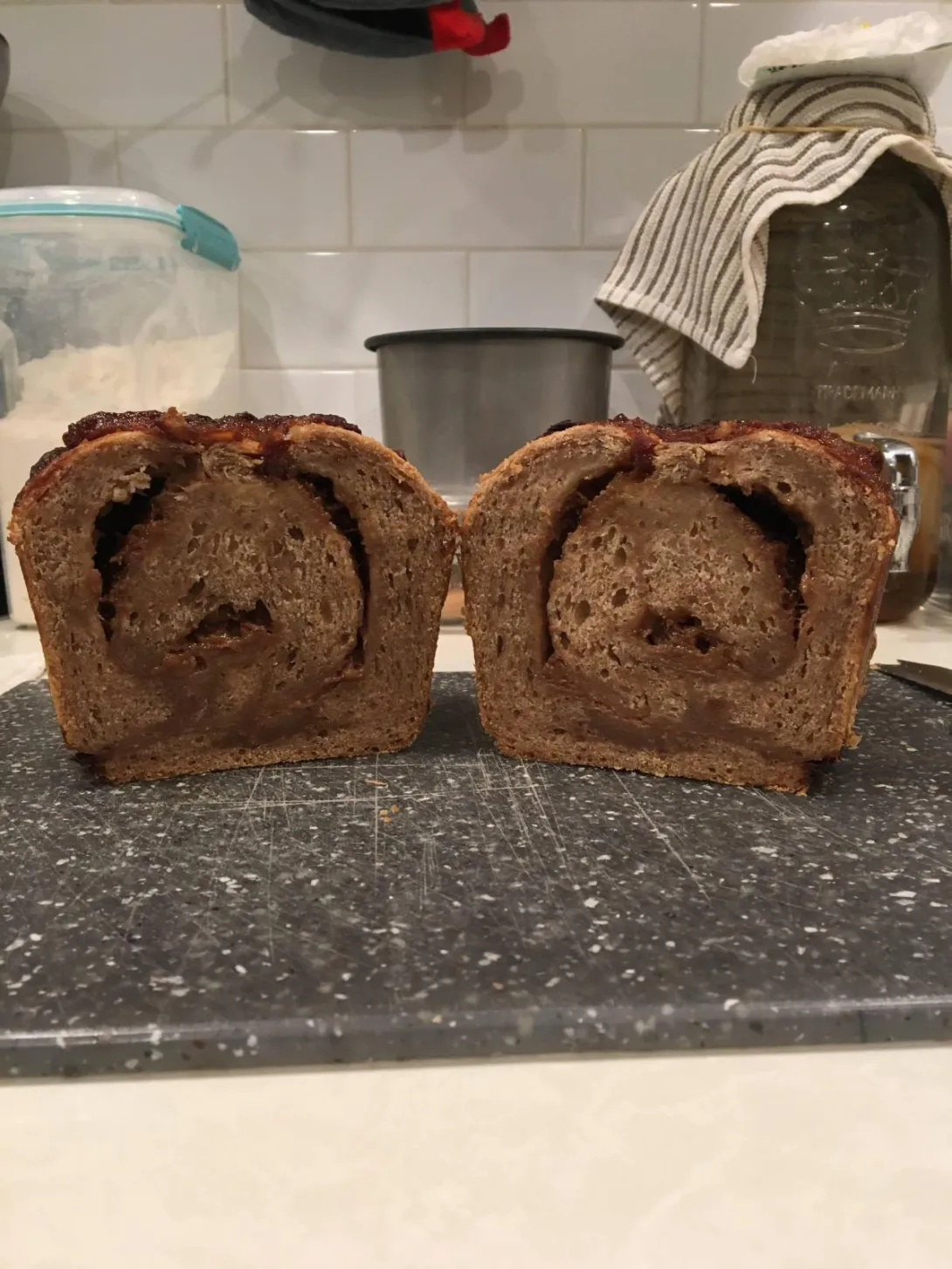 The interior of a loaf of bananas foster sourdough from New World Sourdough.